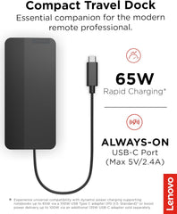 Lenovo USB-C Dual Display Travel Dock w/ 100W Power Adapter - 7 Ports, Integrated USB-C Cable, Universal Compatibility, Dual Displays at 4K - Black - Open Box