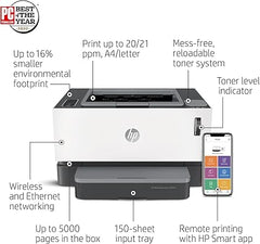 HP Neverstop Laser 1001nw Wireless Monochrome Printer with built-in Ethernet & cartridge-free toner tank, comes with up to 5,000 pages of toner in the box - 5HG80A