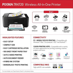 Canon PIXMA TR4720 - All-in-One Wireless Printer for Home Use, Print, Copy, Scan, and Built-in Fax, with Auto Document Feeder, Mobile Printing, Black - PIXMA TR4720