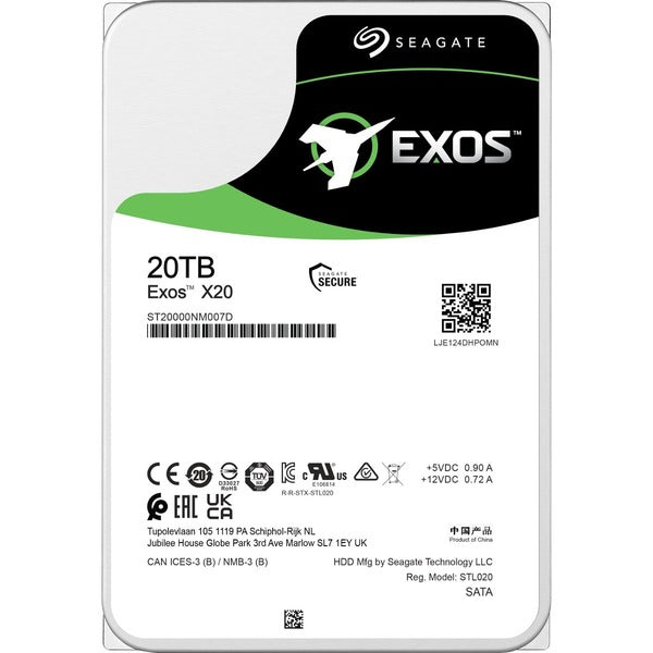 Seagate Exos X20  20TB Hard Drive - Internal - SATA 600 - Conventional Magnetic Recording (CMR) Method - Video Surveillance System Device Supported - 7200rpm  ST20000NM007D