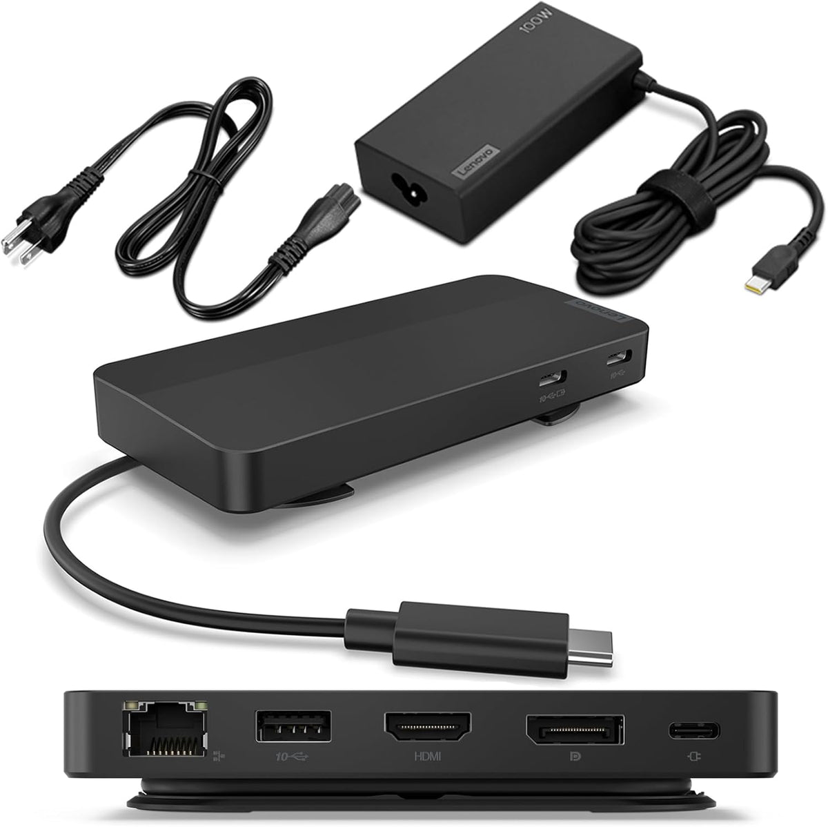 Lenovo USB-C Dual Display Travel Dock w/ 100W Power Adapter - 7 Ports, Integrated USB-C Cable, Universal Compatibility, Dual Displays at 4K - Black - Open Box