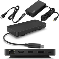 Lenovo USB-C Dual Display Travel Dock w/ 100W Power Adapter - 7 Ports, Integrated USB-C Cable, Universal Compatibility, Dual Displays at 4K - Black - Open Box