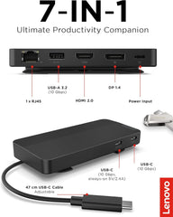 Lenovo USB-C Dual Display Travel Dock w/ 100W Power Adapter - 7 Ports, Integrated USB-C Cable, Universal Compatibility, Dual Displays at 4K - Black - Open Box